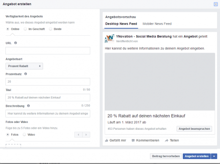 Facebook Publisher - Angebot erstellen