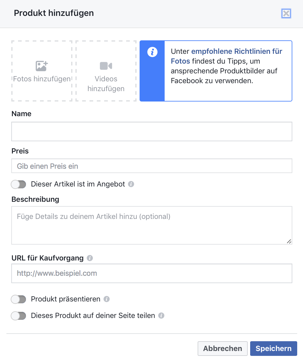 Facebook-Shop Produkte einstellen