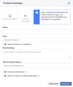 Facebook-Shop Produkte einstellen