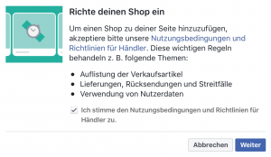 Facebook-Shop Nutzungsbedingungen akzeptieren