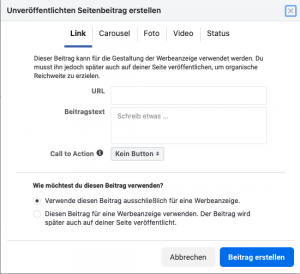 Facebookbeiträge im Werbeanzeigenmanager mit Call-to-Action-Button erstellen