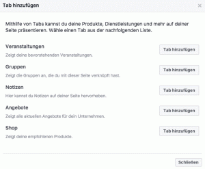 Einstellung der Facebook-Seite zum Hinzufügen eines Tabs für Gruppen