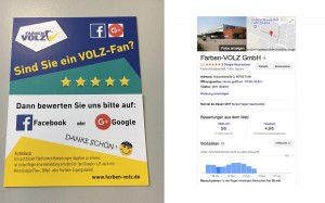 Werbematerial von Farben Volz für Onlinebewertungen und Ergebnisse im MyBusiness-Eintrag der Firma