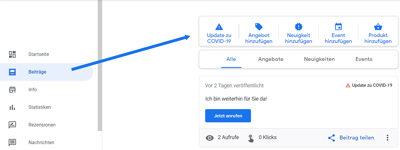 Google My Business: Extra Reiter zu Beiträgen zu Corona / COVID-19