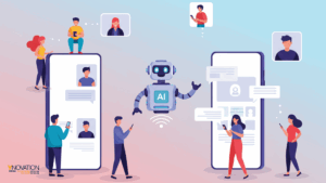 Eine illustrierte KI vermittelt zwischen zwei Handys und den Menschen, mit denen die Handys vernetzt sind.