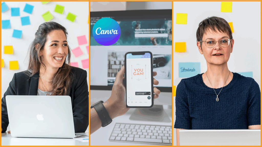 Collage mit 3 Fotos von Valeria Tartaglia, Claudia Hamann und Laptop mit Canva-Logo