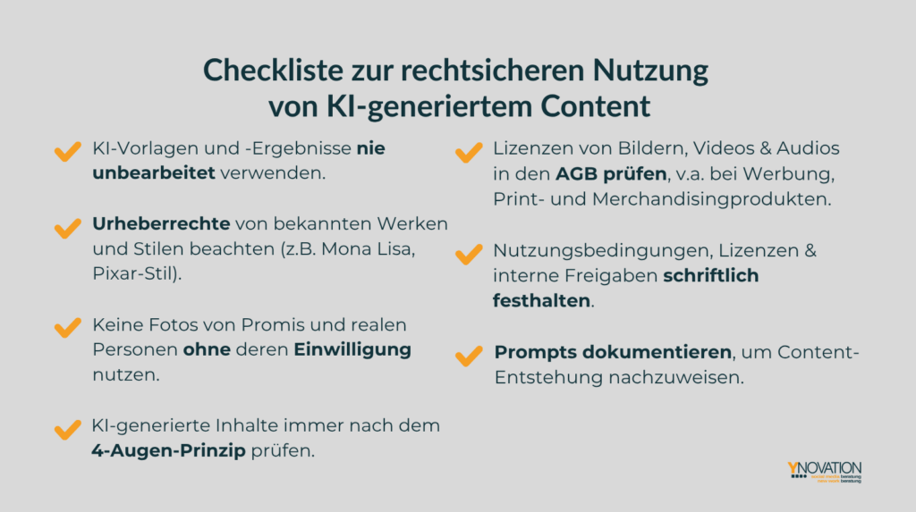 Checkliste zur rechtssicheren Nutzung von KI-generiertem Content